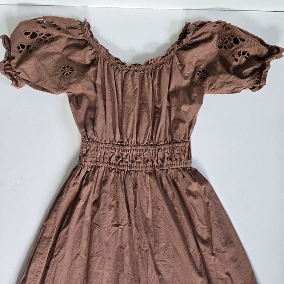 Rebellion Again brown puff sleeve floral embroidery stretch waist tiered dress S - Picture 2 of 8